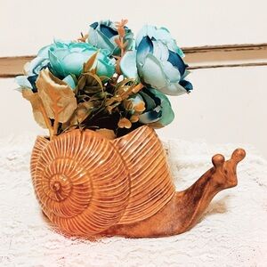 Ceramic Snail Planter with Blue Flowers
